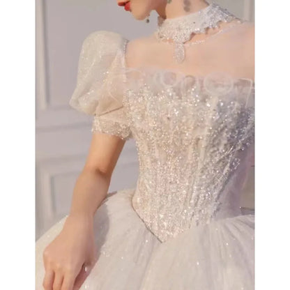 vmtvr  -  Bride dresses French Wedding Dress Princess Big Tail Lace Luxury Puff sleeve Shining sequin LAS407