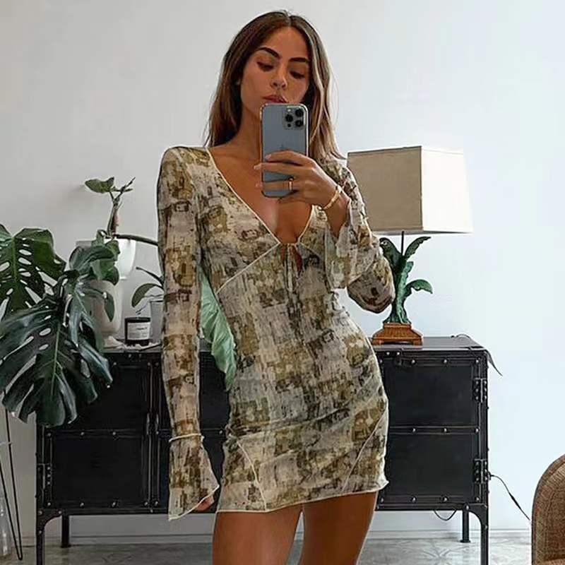 vmtvr - Floral Print Women's Sexy Deep V Neck Lace-up Long-sleeve Ruffle Buttock Mini Dress Summer Party Night Club Dresses