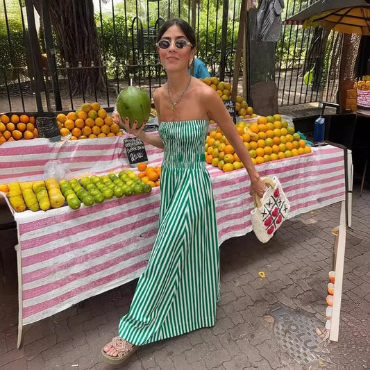 vmtvr  -  Green Striped Strapless Dress Women Elegant Casual Loose Long Beach Holiday Dresses Summer Fashion Folds Bohemia Outfits