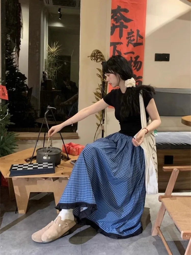 vmtvr Vintage Skirts for Women Korean Jupe High Waist A-line Loose Saia 2024 Faldas Casual Chic Plaid Summer Long Skirt