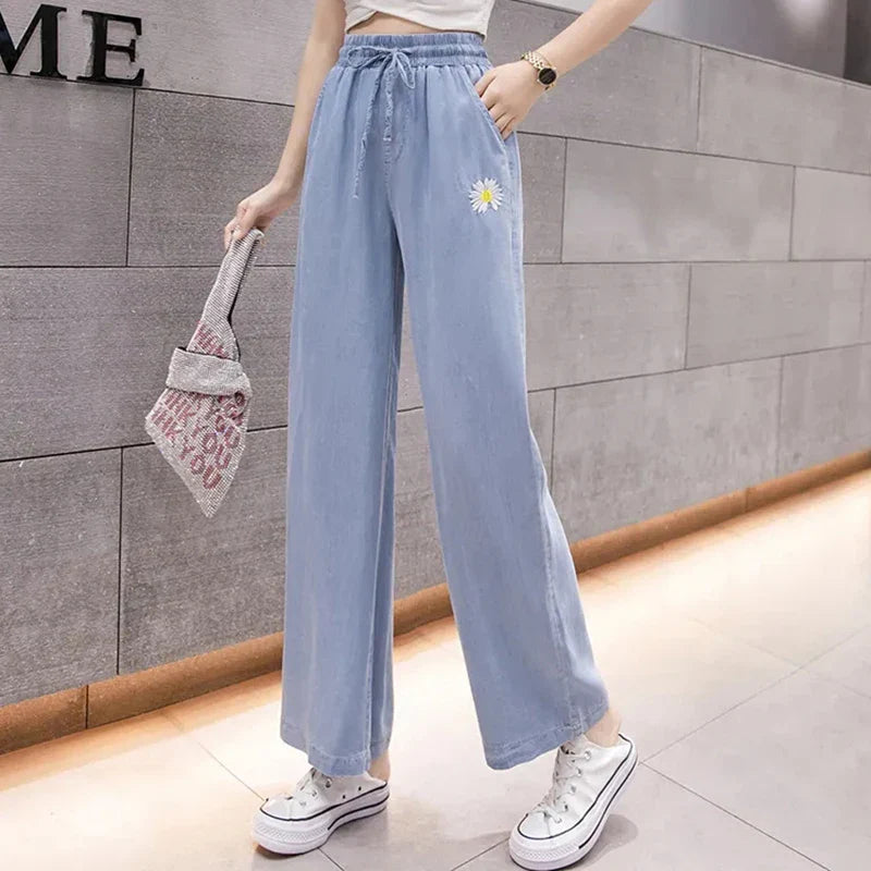 vmtvr Y2K High Waist Women Pants Korean Chrysanthemum Embroidery Loose Wide Leg Pants Summer Fashion Casual Female Ankle Length Pants