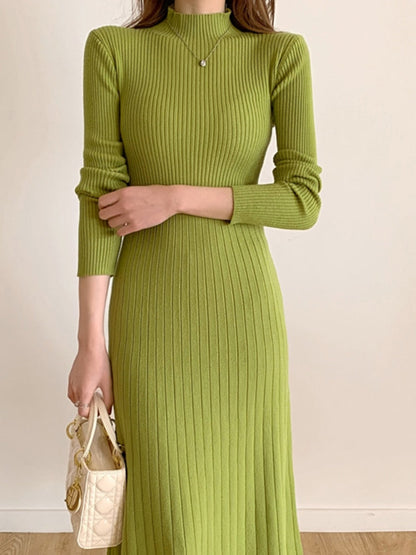 vmtvr - Autumn Winter  Slim Long Sleeve Party Midi Dress for Women Knitted Half High Collar Elegant Knitted Sweater Dresses Ladies