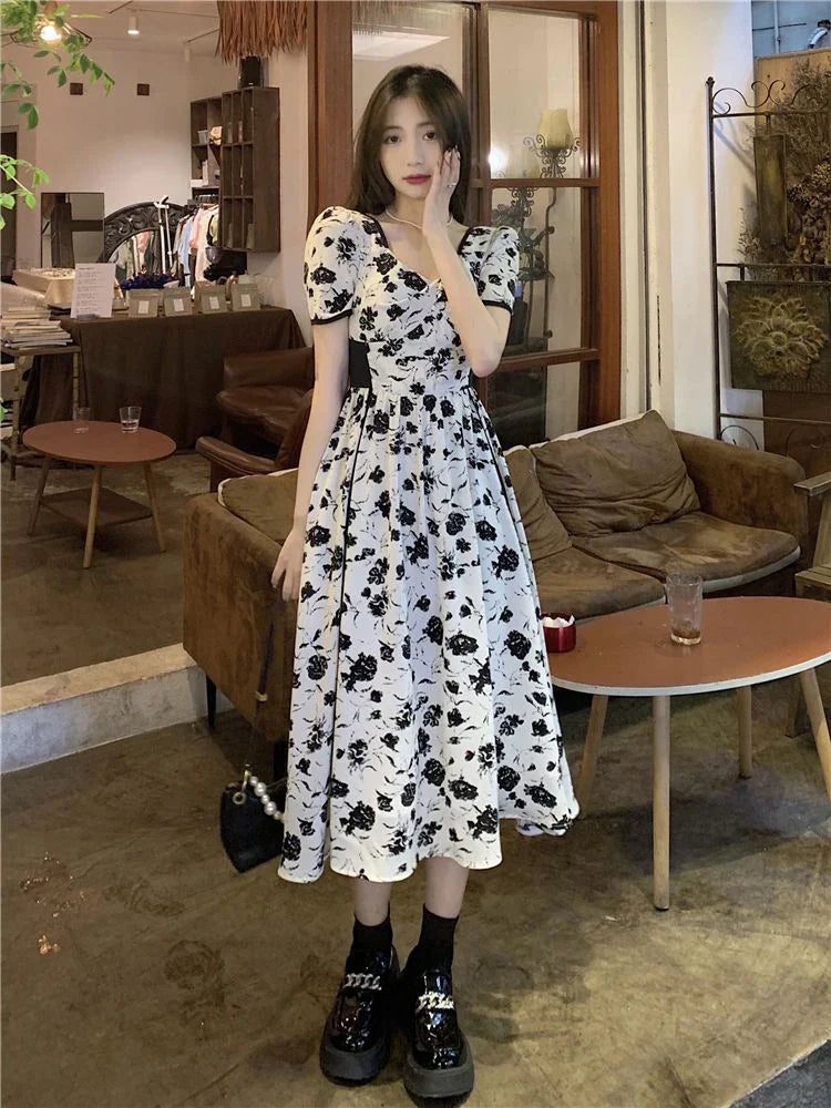 vmtvr High Waist Women Midi Dress Fashion Print Floral Summer Shorts Sleeve Ladies Dress Sexy V Neck Korean Casual Vestidos