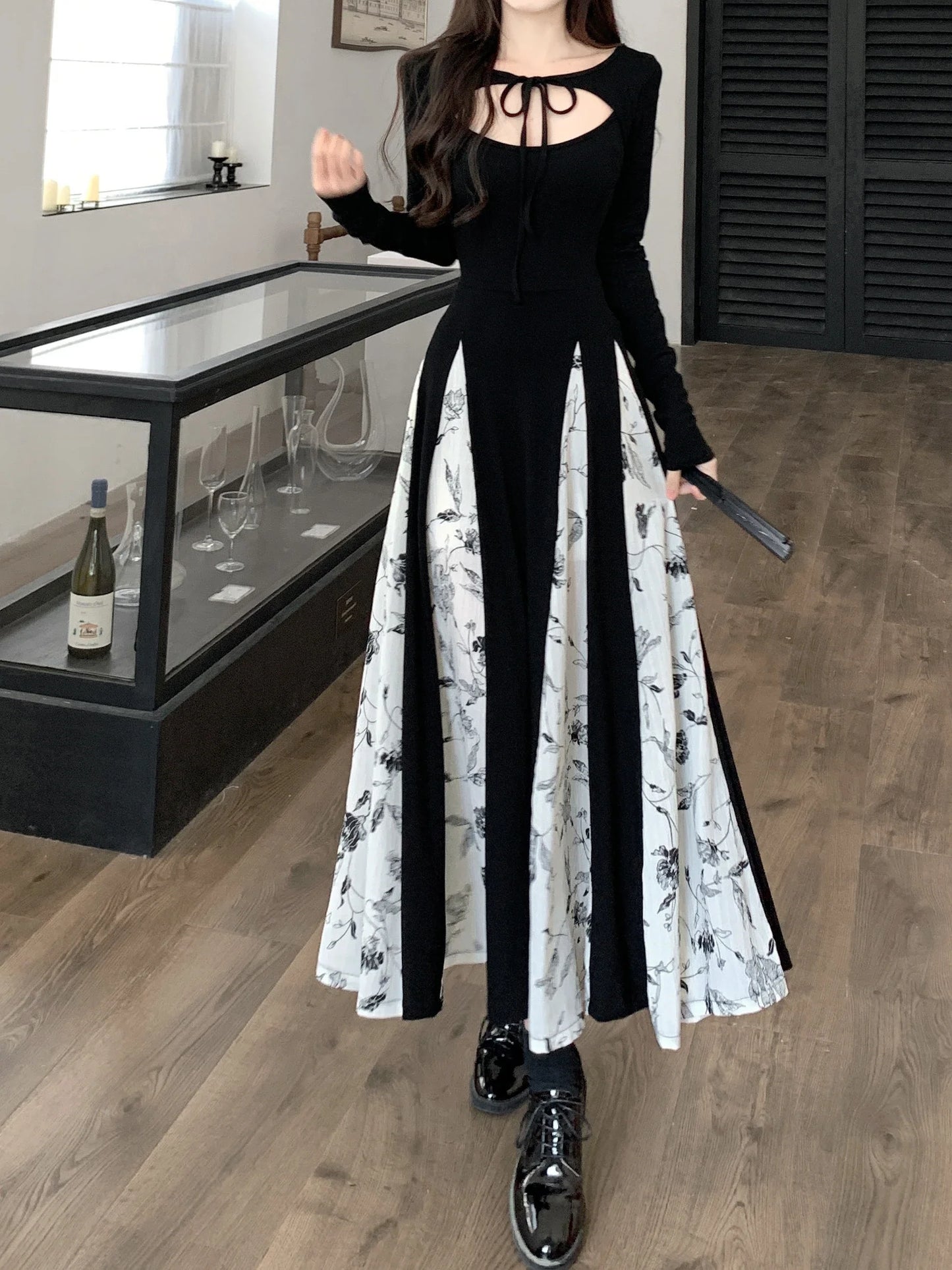 vmtvr  -  Vintage Knitted Patchwork Floral Dress Irregular Design Sense Hepburn Wind Sweet Fashion Slim Summer New Black Long Dresses