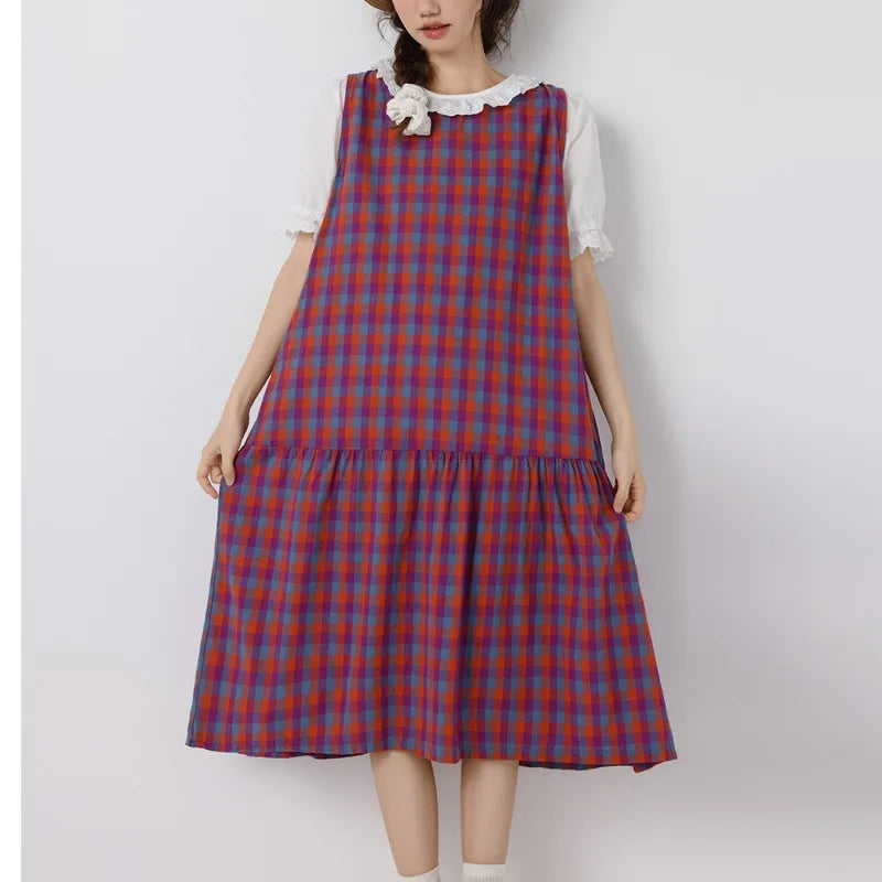 vmtvr  -  Original Plaid Sleeveless Cotton Linen Vest Dress Spring and Summer Women O-neck Mori Style Casual Loose OneSize Holiday Dress