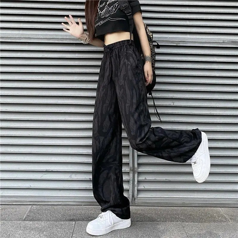 vmtvr Summer Thin Women Tie Dyed Sports Pants Harajuku Korean Fashion High Waist Hip Hop Vintage Pockets Black Loose Casual Trousers