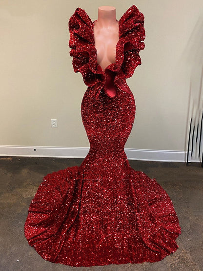 vmtvr Burgundy Sequin Long Mermaid Prom Dresses 2023 Black Girl Ruffles V-Neck Sleeveless Formal Evening Gown for Wedding