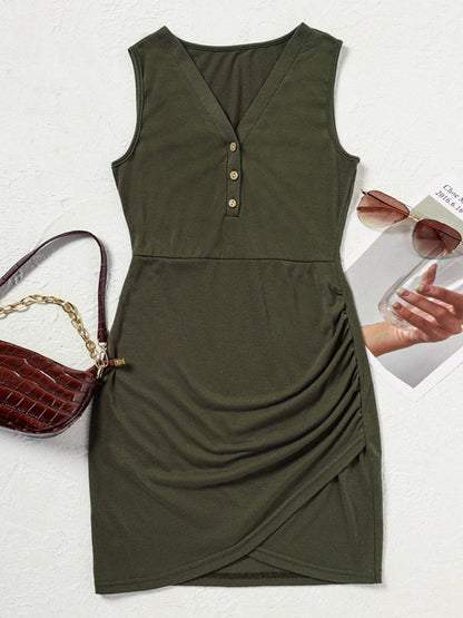 vmtvr -  Summer Casual V Neck Sleeveless T Shirts Dress Women Button Up Bodycon Ruched Tank Mini Short Dresses