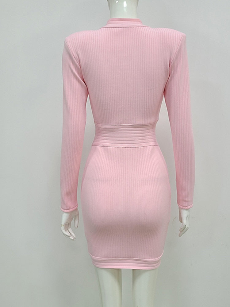 New Winter Style Sexy Long Sleeve Key Hole Button Pink Mini Women Bodycon Bandage Dress 2023 Elegant Evening Club Party Dress