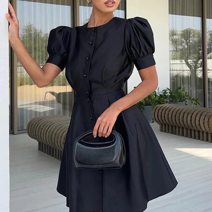 vmtvr Fashion Summer O-Neck Puff Sleeve Solid Dress Women Elegant Peal Buttons A-Line Dresses Ladies High Street Slim Waist Mini Dress