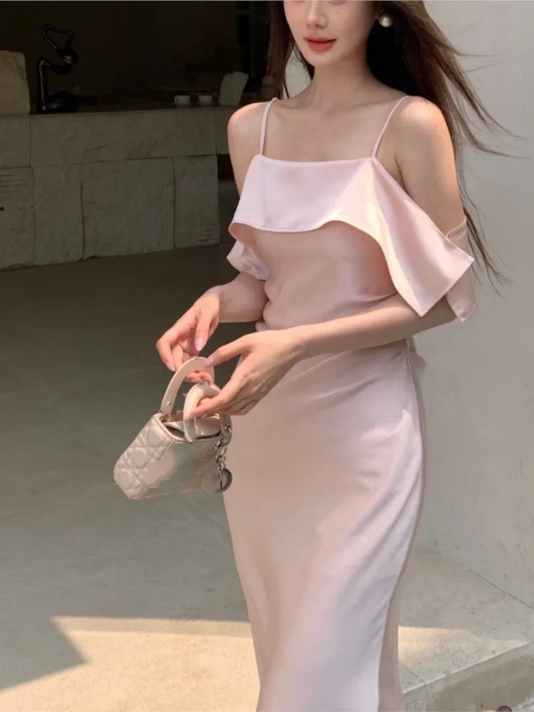 vmtvr 2024 Summer Elegant Women Spaghetti Strap Dress Solid Y2K Sleeveless A-Line Princess Prom Wedding Evening Pirty Backless Clothes