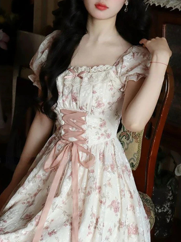 2024 Summer Lace Korean Fairy Dress Women Square Collar Princess Kawaii Floral Midi Dress Female Bandage Sweet Dresses Fashion