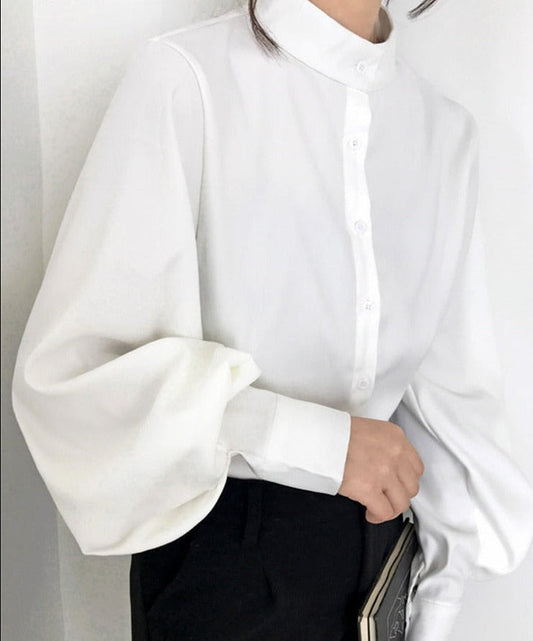 -Fall Outfits Long Sleeve Top  Autumn Winter Lantern Sleeve Women's Blouses  New Stand Collar Long Sleeve Casual Office White Shirts Tops Female