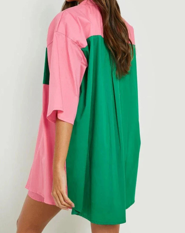 vmtvr Fashion Cotton Women Two Piece Short Sets Summer Spliced Green Pink Oversized Shirt + Shorts 2 Pieces Suit Set