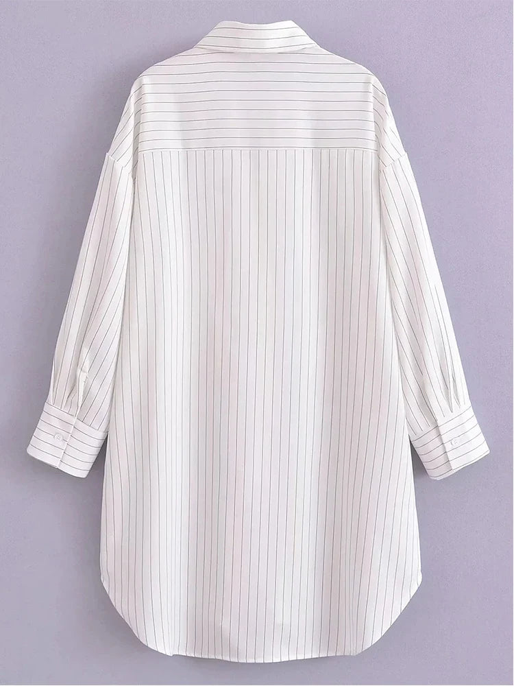 vmtvr  -  White Stripe Shirt Dress Women Autumn Spring Slit Casual Oversize Single Breasted Turn Down Collar Short Summer Dress