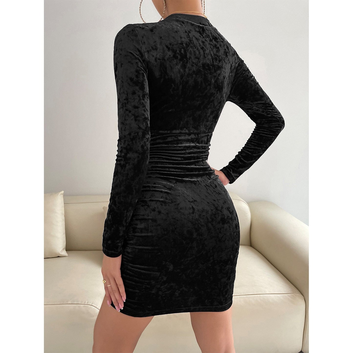 vmtvr - Black Sexy Club Dress for Women V Neck Bodycon Dress Full Sleeve High Waist Versatile Mini Dress Streetwear Ladies Fashion