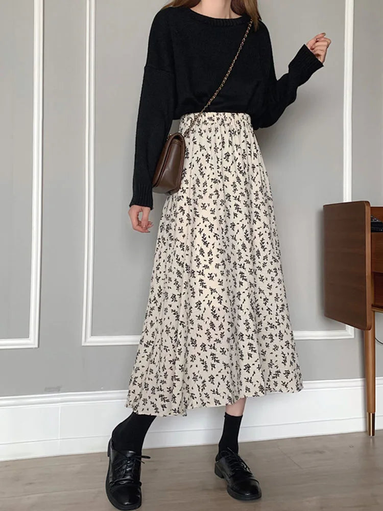 vmtvr Vintage Floral Print A-line Pleated Long Skirts Summer Women 2024 Korean Skirt Streetwear Drawstring Elastic Waist Midi Skirt