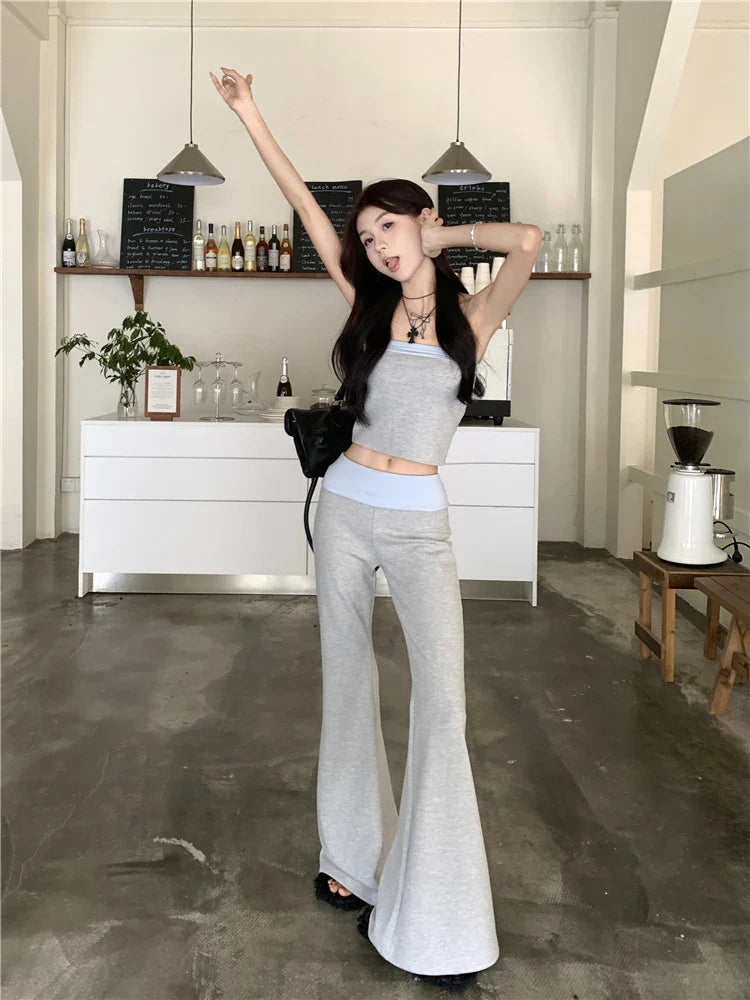 vmtvr 2024 New Temperament Fashion Gyaru Set Women Summer Contrast Color Tube Top Vest Slightly Flared Trousers Two-piece Set Fashion