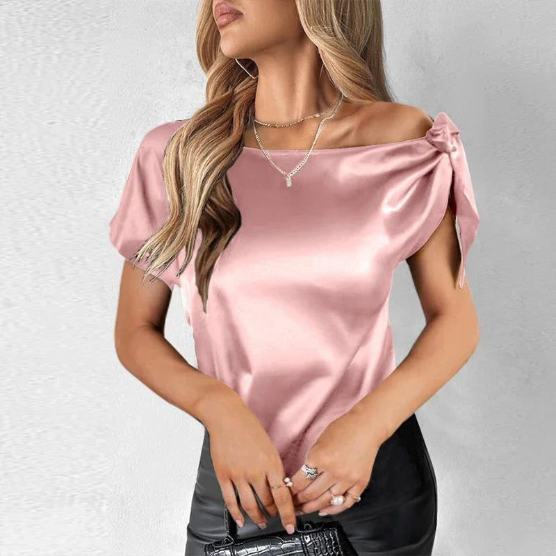 vmtvr Chic Fashion Solid Color Satin Party Blouses Women Sexy Slash Neck Lace-up Shirts Spring Summer Short Sleeve Hollow Top Pullover