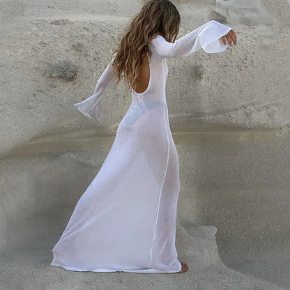 vmtvr Elegant White Knit Long Sleeve Beach Dress Holiday Sexy Open Back Club See Through Summer Party Maxi Dresses Robe