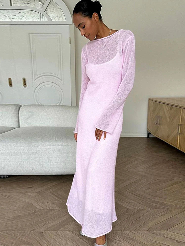 vmtvr  -  Knitted Hollow Out Long Beach Dress Set Women Summer O-Neck Flare Sleeve Dresses Female Elegant Slim Solid Vacation Robe