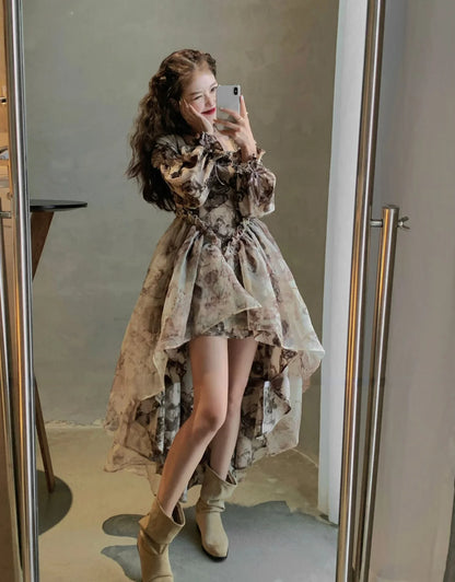 vmtvr Print Floral Korean Style Dress Women French Vintage Evening Party Midi Dress Female Puff Sleeve Sweet Elegant Dress Autumn