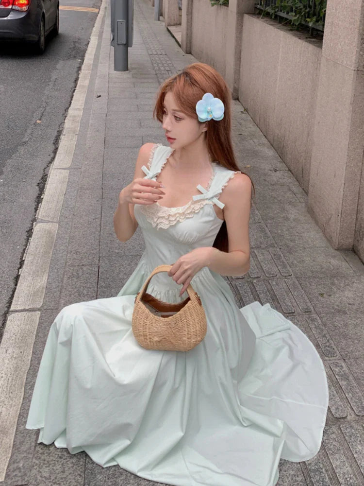 vmtvr French Vintage Backless Midi Dress Women Sweet Lace Bow Design Slim Strap Dress 2024 Summer Elegant Retro Evening Party Dress