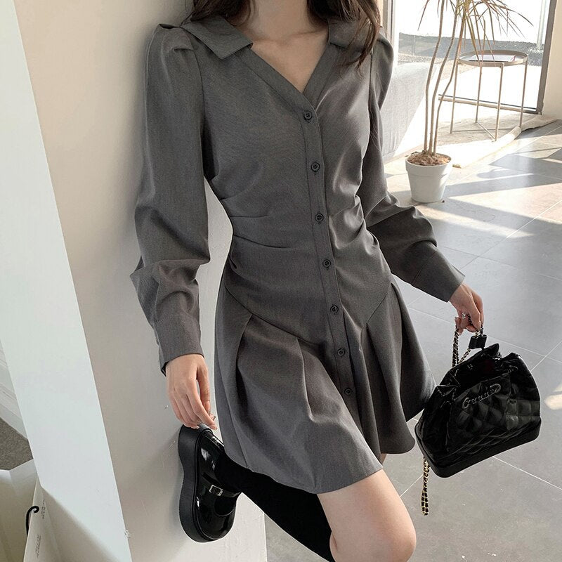 vmtvr - Chic Long Sleeve Single-breasted Women Shirt Dress 2023 Autumn V Neck Pleated Mini Dresses Korean Gray Slim High Waist Vestidos