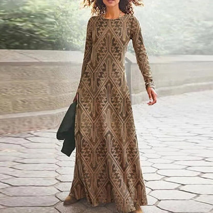 vmtvr  Spring Geometric Print Long Party Dress Women Elegant O Neck Office Maxi Dress Autumn Long Sleeve Hem Boho Lady Dress Mujer