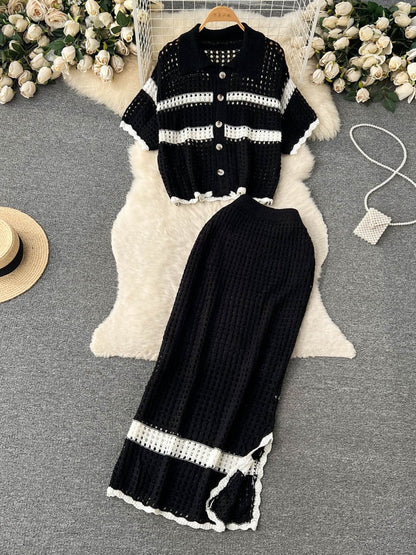 vmtvr - Korean Spring Summer Vacation Style Knitted Twi Piece Set Women Chic Hollow out Sweater Cardigan +Long Maxi Skirt Sets