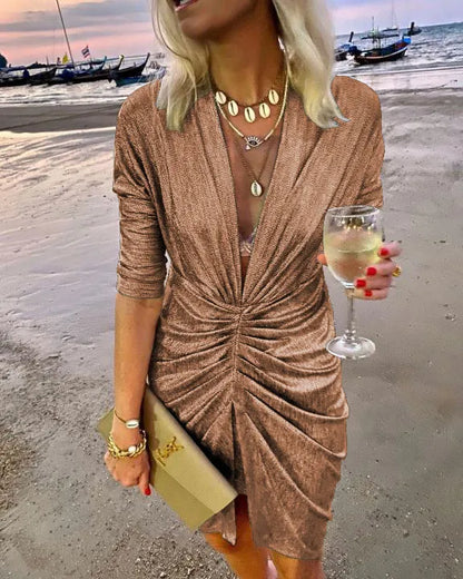 vmtvr - Elegant Bright Silk Long Sleeve Ruched Mini Dress Women Sexy Deep V Slit Night Club Party Evening Dress Female Autumn Vestidos