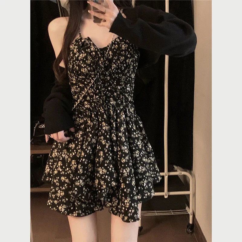 vmtvr Summer High Waist Spaghetti Strap Dress Women Korean Fashion Floral Casual Mini Dresses Y2K Female Elegant A Line Dress