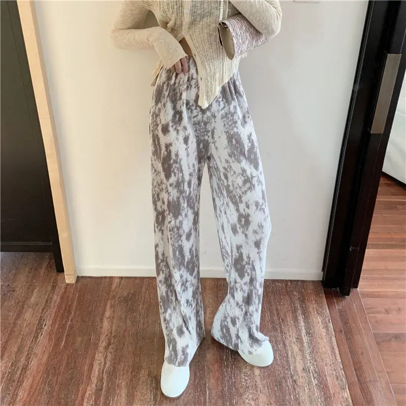 vmtvr Korean Fashion Women Tie Dye Pleated Wide Leg Pants Spring Summer Elastic High Waist Versatile Loose Straight Casual Trousers