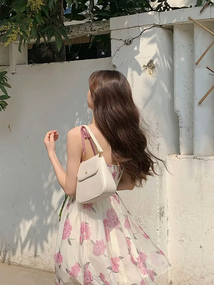 vmtvr Summer Floral Chiffon France Vintage Fairy Dress Print Korean Style Strap Dress Women Backless Sexy Elegant Party Midi Dresses