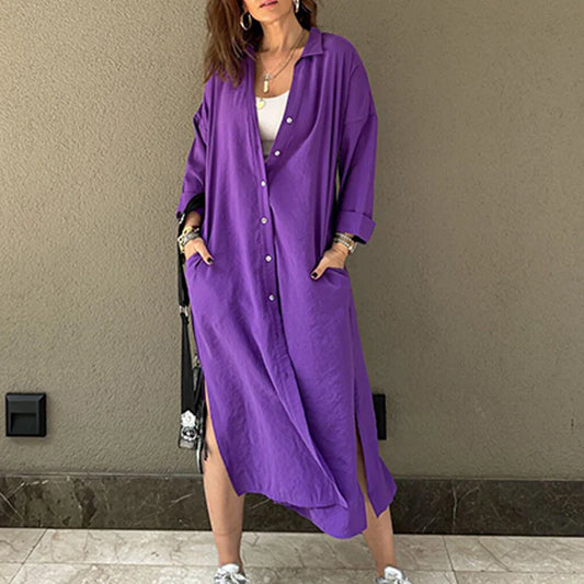 vmtvr  -  Spring Casual Solid Lazy Long Shirt Dress Women Single Breasted Split A-Line Party Dress New Autumn Long Sleeve Lady Party Dress