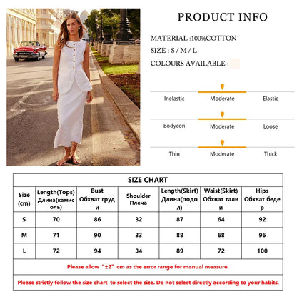 vmtvr Summer Slim White Cotton Two Piece Set Women Outfit Elegant Sleeveless Tops With High Waist Long Skirts Sets