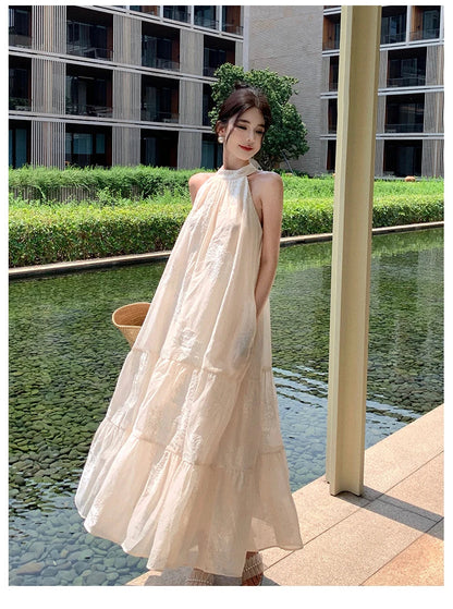 vmtvr Elegant Long Dresses for Women French Vintage Halter Sleeveless Embroidery Loose A-line Holiday Prom Robe Summer New Vestidos