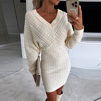 vmtvr Women Solid Hollow Knitted Pullover Dress Autumn Sexy Double V-neck Backless Office Dress Winter Batwing Sleeve Slim Party Dress