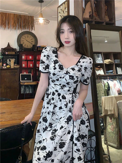 vmtvr High Waist Women Midi Dress Fashion Print Floral Summer Shorts Sleeve Ladies Dress Sexy V Neck Korean Casual Vestidos