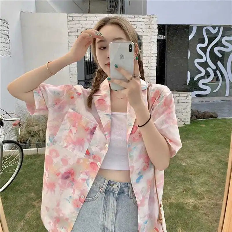 vmtvr Korean Clothing Sweet Women Fashion Short Sleeve Shirt Summer Simple Tie Dyed Loose Versatile Kawaii Pretty Chic Casual Blouse