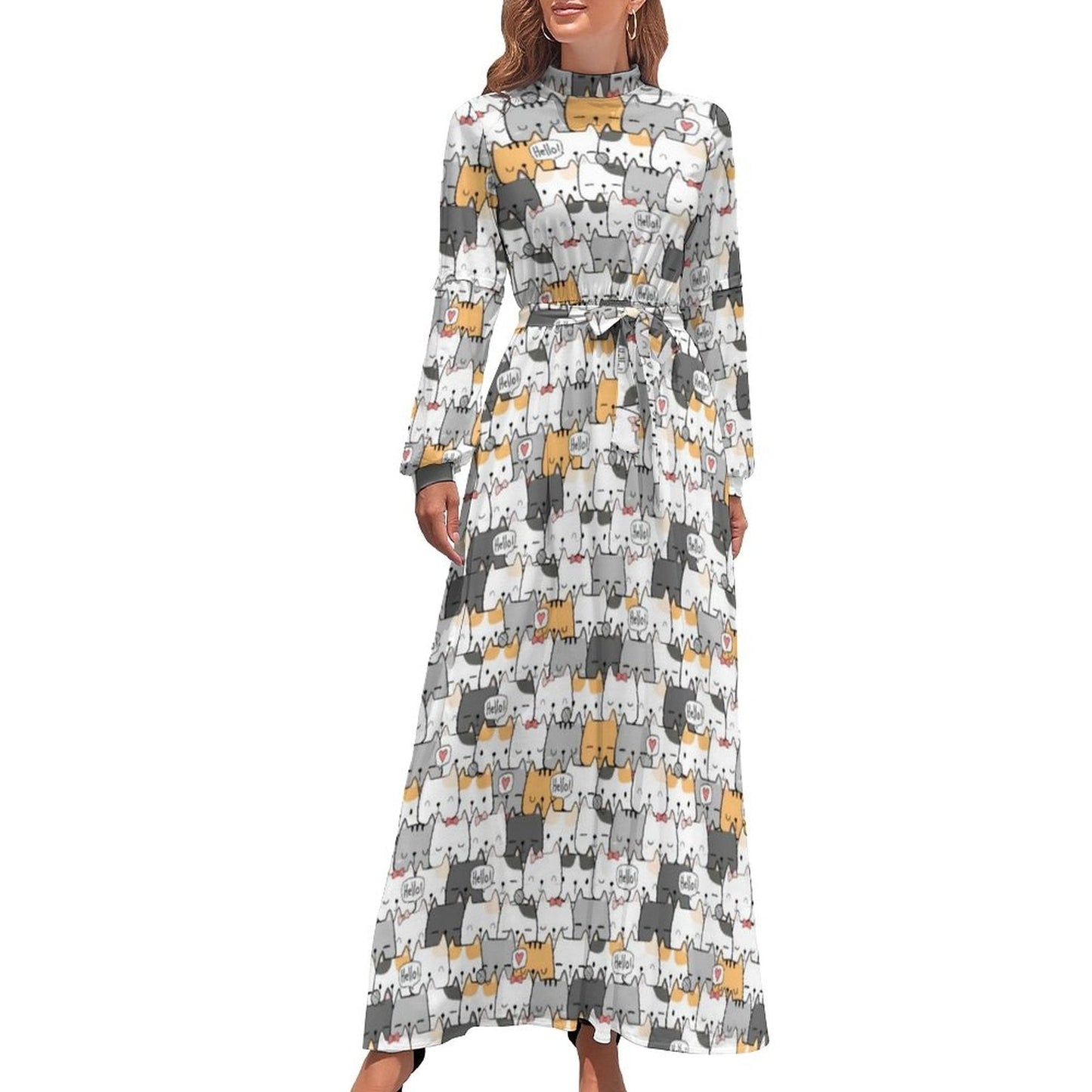 vmtvr - Cute Cats Print Dress Funny Animal Elegant Printed Maxi Dress High Waist Long-Sleeve Street Fashion Bohemia Long Dresses