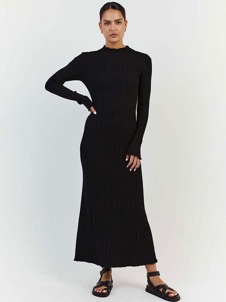 vmtvr -  Autumn Winter Knitted Maxi Dress Elegant Women Long Sleeve Slim Pleated Robe Club Party Bodycon Long Dress Vestidos