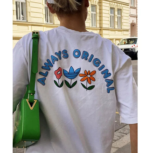 -Retro sports style outfit streetwear 90s fashion Always Original Flower Printing on The Back Women Summer Casual White T shirts Short Sleeve Loose Cotton Crewneck Tops Tees