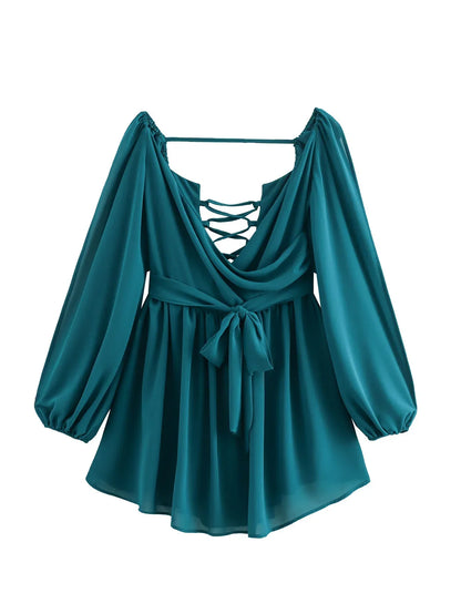 vmtvr Sexy Green Pleated Mini Dress for Women Elegant V-neck Split Long Sleeve A-line Dresses Summer Lady Solid Backless Lace Up Robes