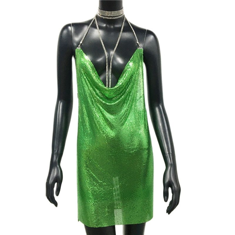 Sexy Gold Sequined Patchwork Mini Dress Women Sleeveless Low Cut Metal Chains Halter Slim Charming Nightclub Party Dresses