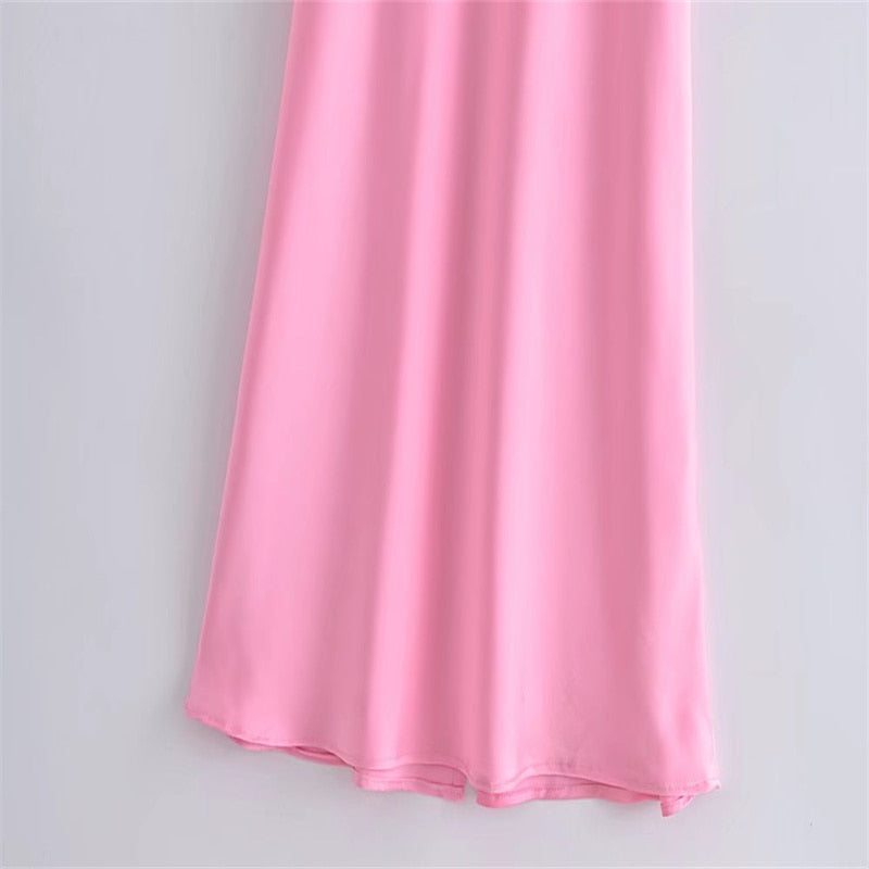 vmtvr -  New Women Hollow Design Silk Satin Texture Midi Suspender Dress Summer Sexy Revealing Back Slit Slim Pink Dress