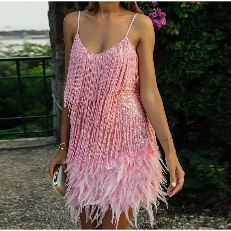 - New Sexy Tassel Sequins Feather Mini Dress Women Spaghetti Strap Stitching Dresses Female Elegant Evening Party Club Dress