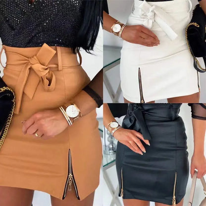 vmtvr 2024 New Sexy Women's PU Leather Skirt Spring Summer Front Split Pencil Midi Skirts Elegant High Waist Sheath Skirts