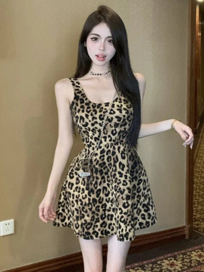 vmtvr Sexy Leopard Short Dresses for Women Summer Square Collar Sleeveless A-line Club Party Dress Elegant Prom Vestidos Mujer New