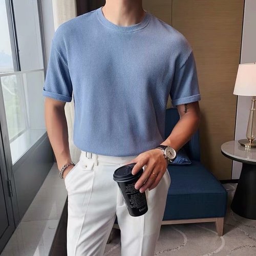 jiaabc Men Waffle Fabric T-shirt Summer Casual Solid Color Loose Pullover T Shirt Korean Men's Fashion Short Sleeve O-Neck Tee Tops